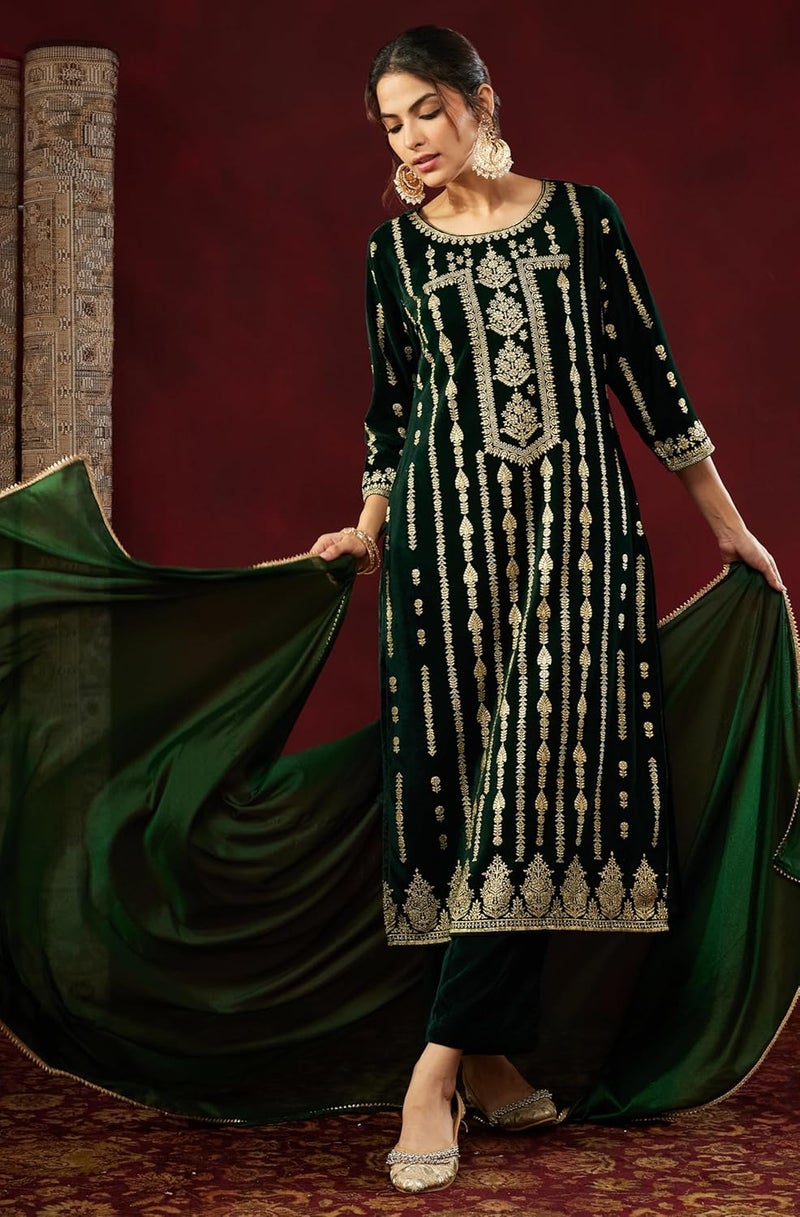 Janasya Women's Bottle Green Velvet Embellished Gold Printed Straight Kurta Set - Image 3